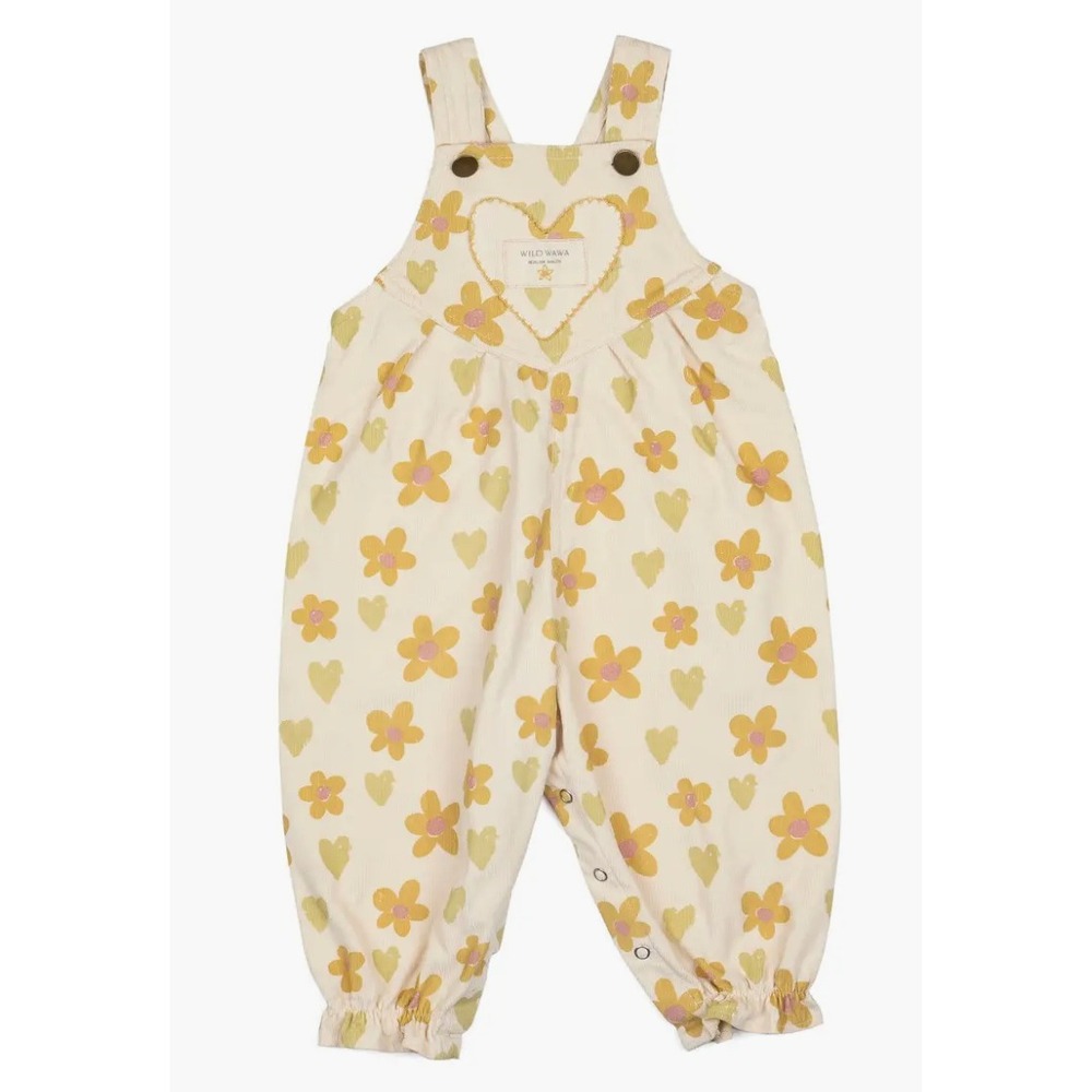 Wild Wawa Overalls Kids 12-18M Cream Floral Corduroy Heart Pocket